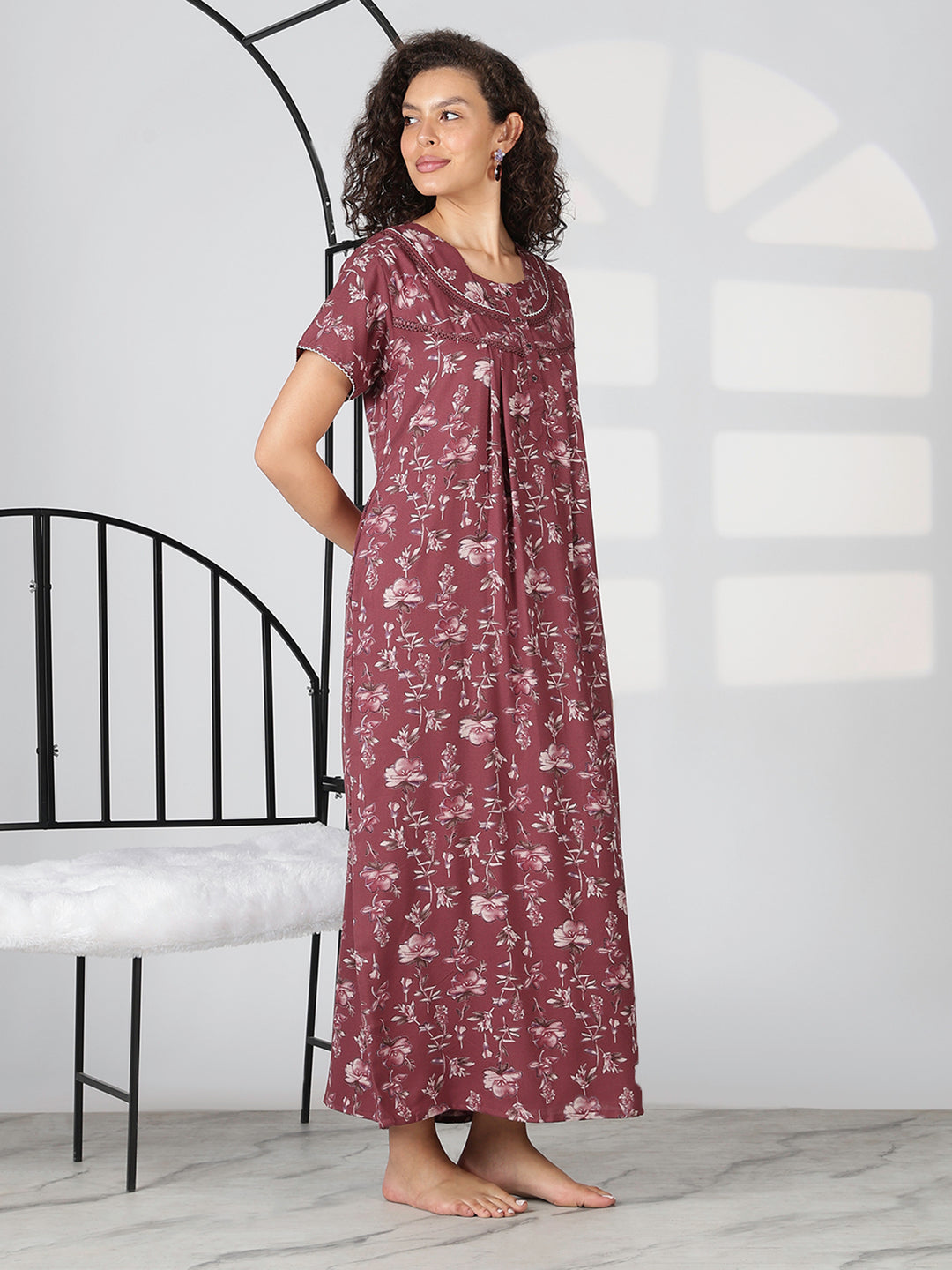 Wine floral alpine designer nighty for women