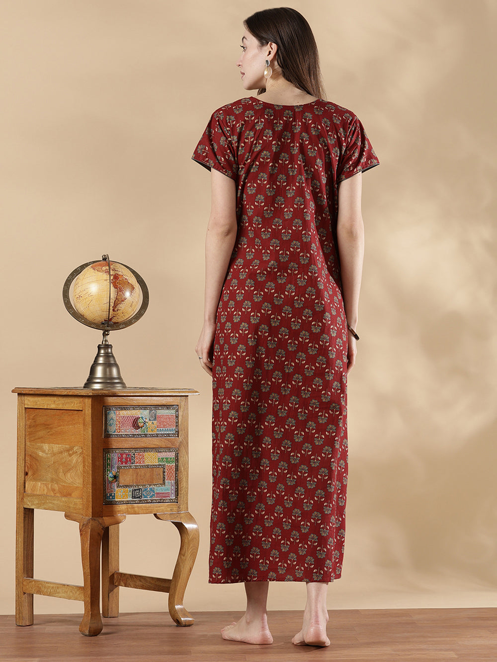 Wine red ethnic print cozy pure cotton nighty for women