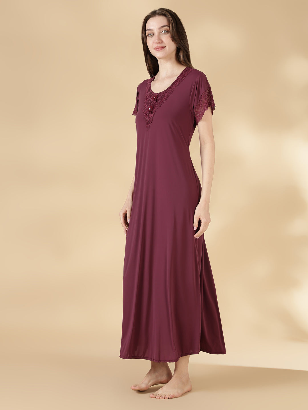 Wine red malai lace best nighty for women