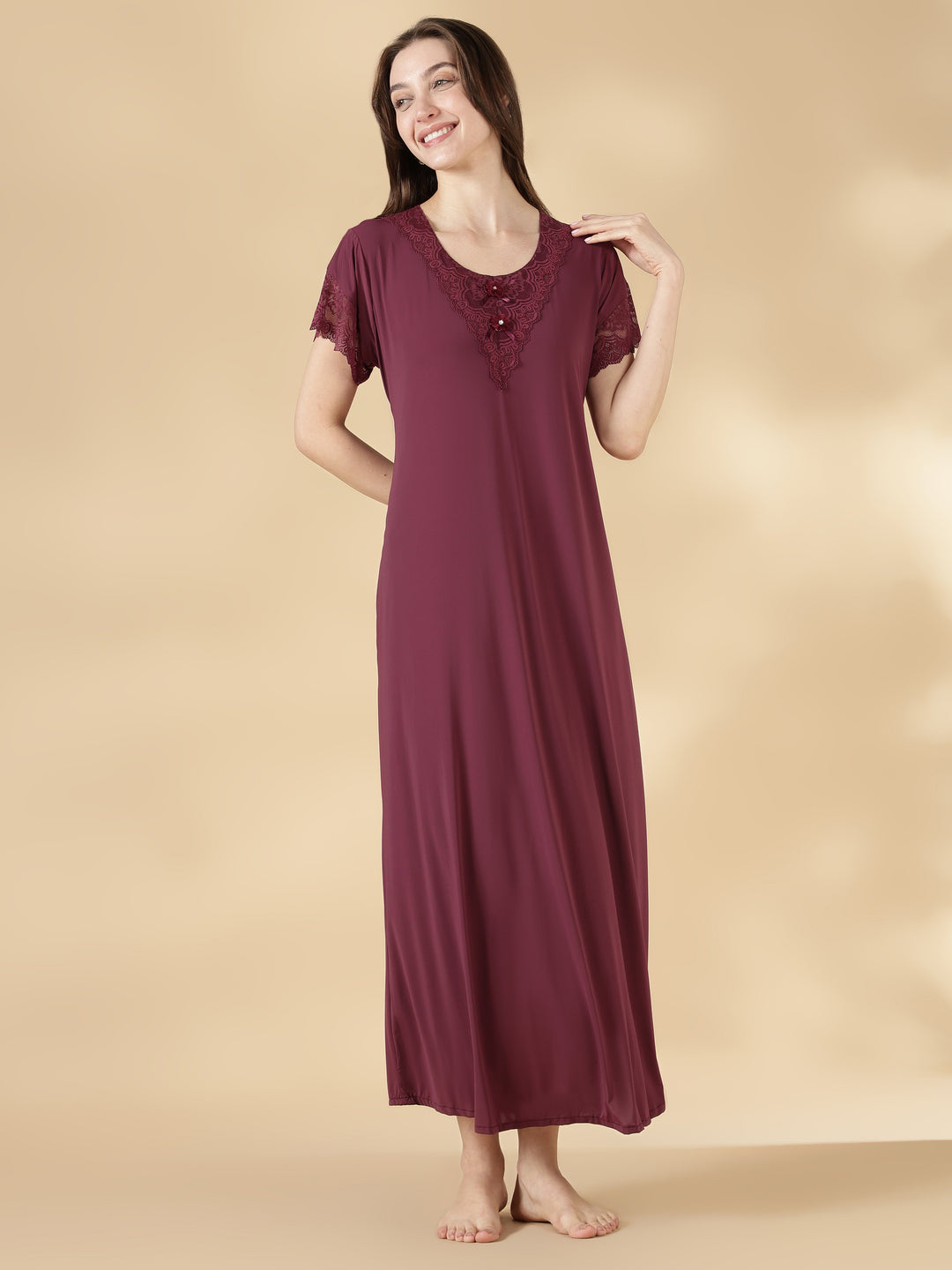Wine red malai lace best nighty for women