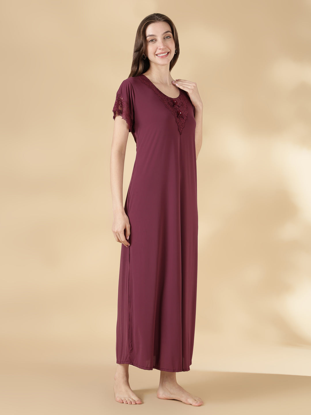 Wine red malai lace best nighty for women