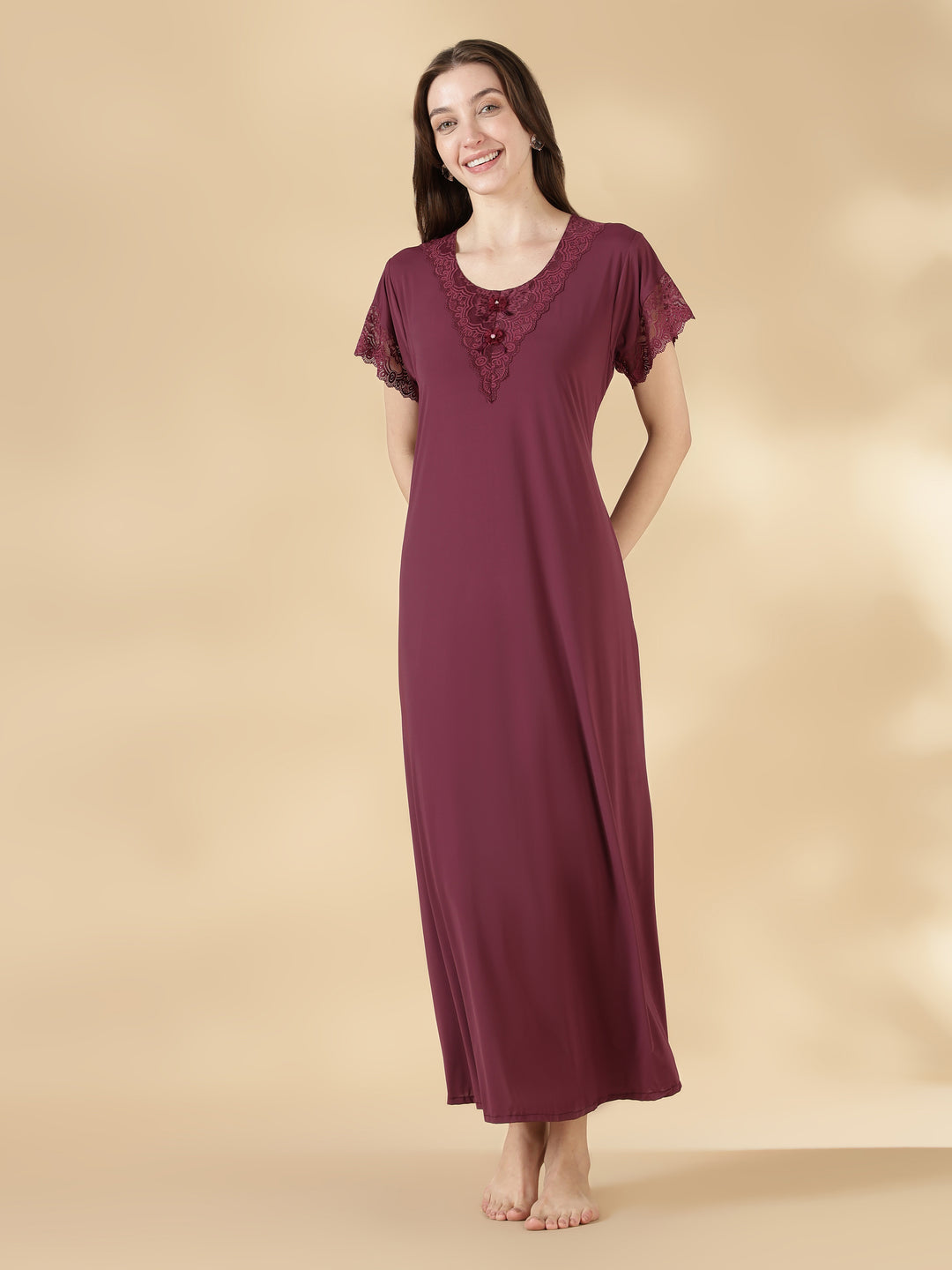 Wine red malai lace best nighty for women