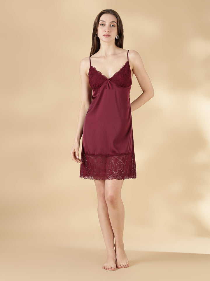 Wine rose honeymoon style satin nighty with lace robe