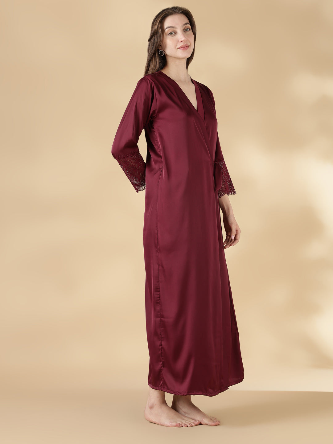 Wine rose honeymoon style satin nighty with lace robe