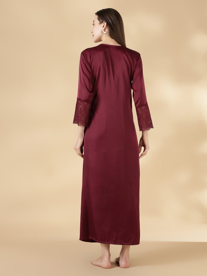 Wine rose honeymoon style satin nighty with lace robe