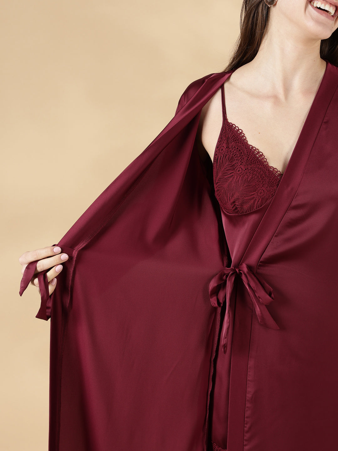 Wine rose honeymoon style satin nighty with lace robe