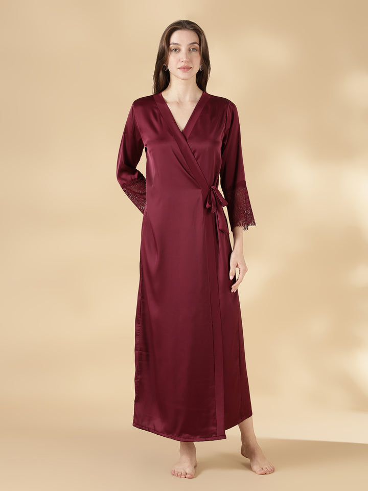 Wine rose honeymoon style satin nighty with lace robe