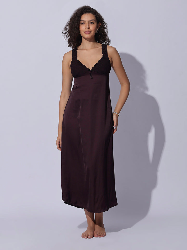 Satin long robe and night gown set in rich cocoa wine shade