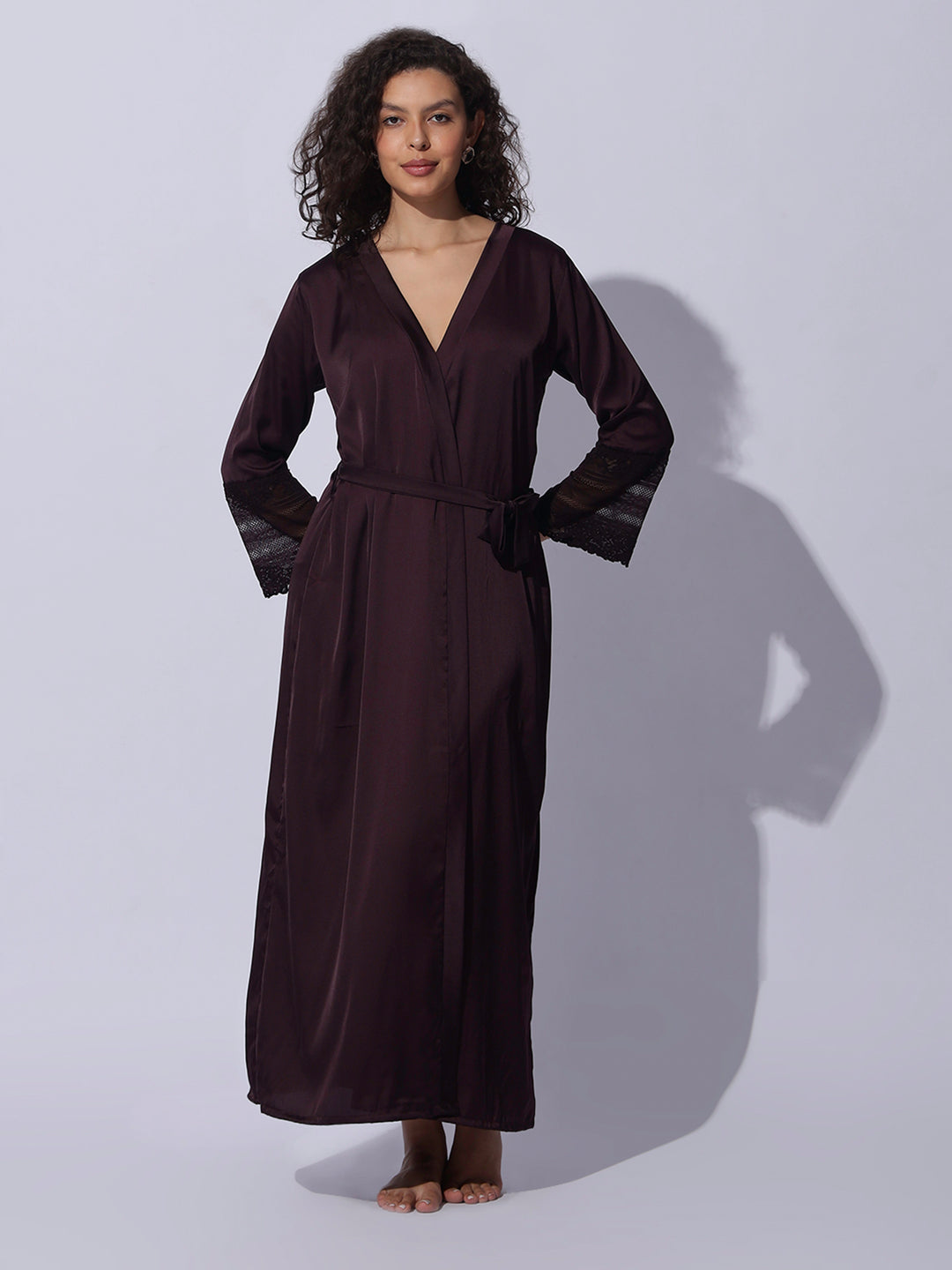 Satin long robe and night gown set in rich cocoa wine shade