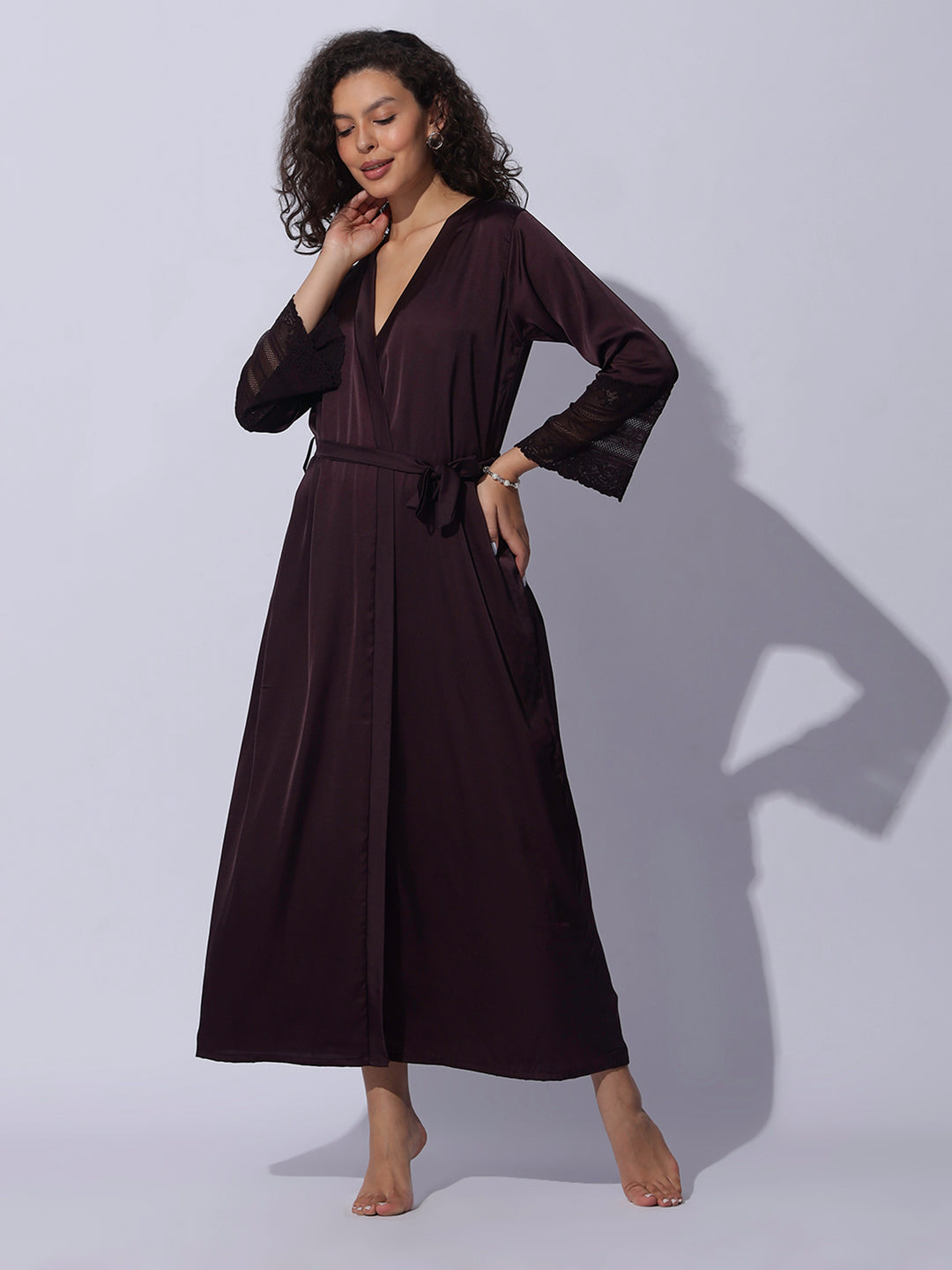 Satin long robe and night gown set in rich cocoa wine shade