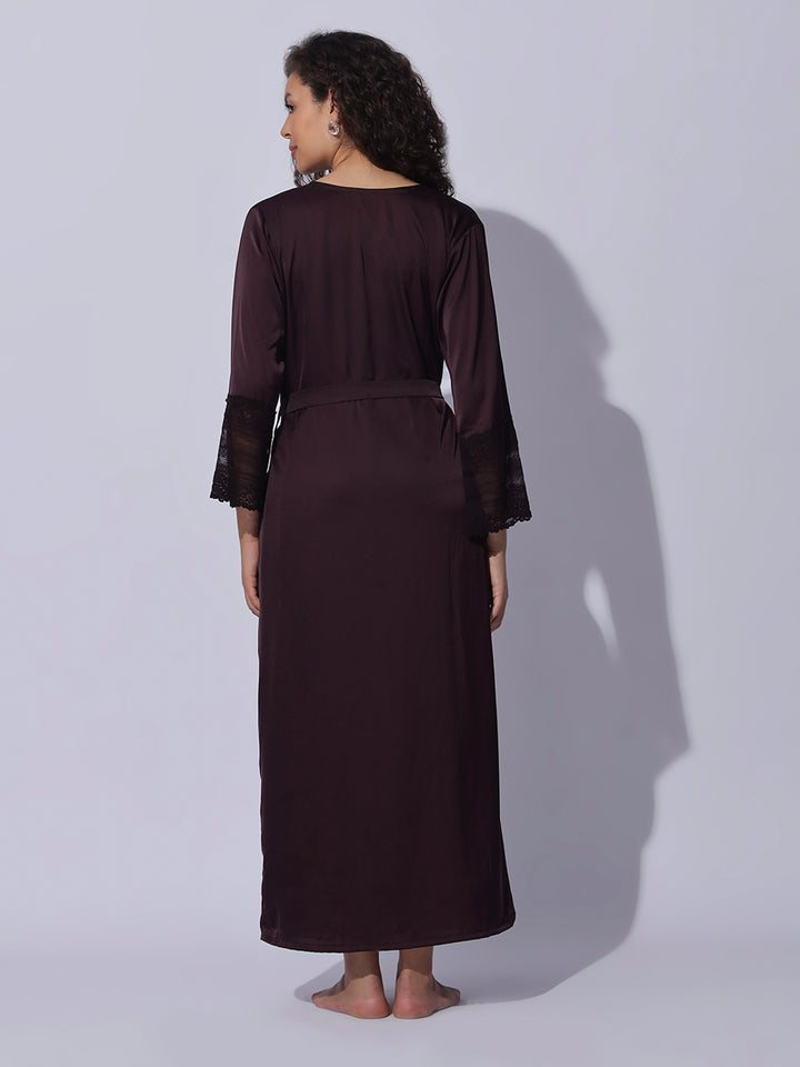Satin long robe and night gown set in rich cocoa wine shade