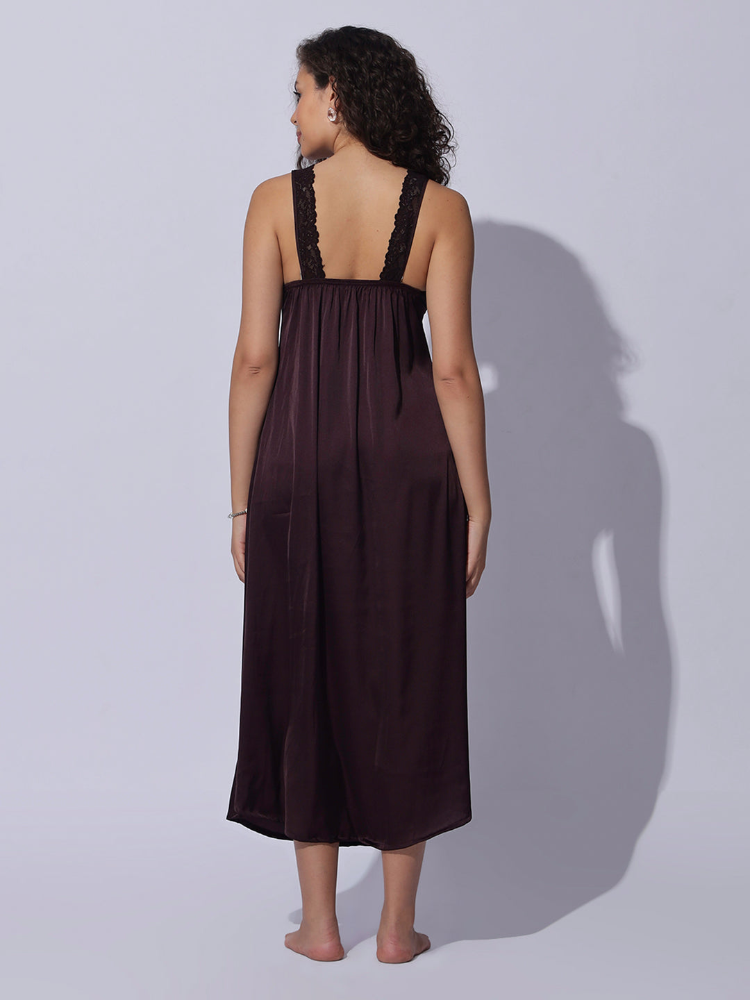 Satin long robe and night gown set in rich cocoa wine shade