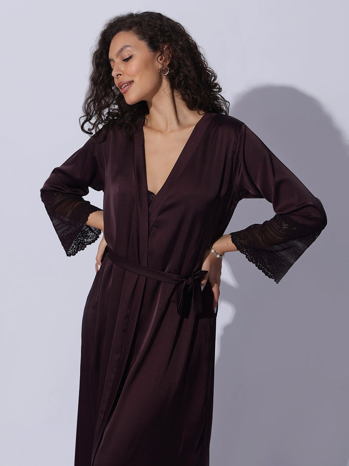 Satin long robe and night gown set in rich cocoa wine shade