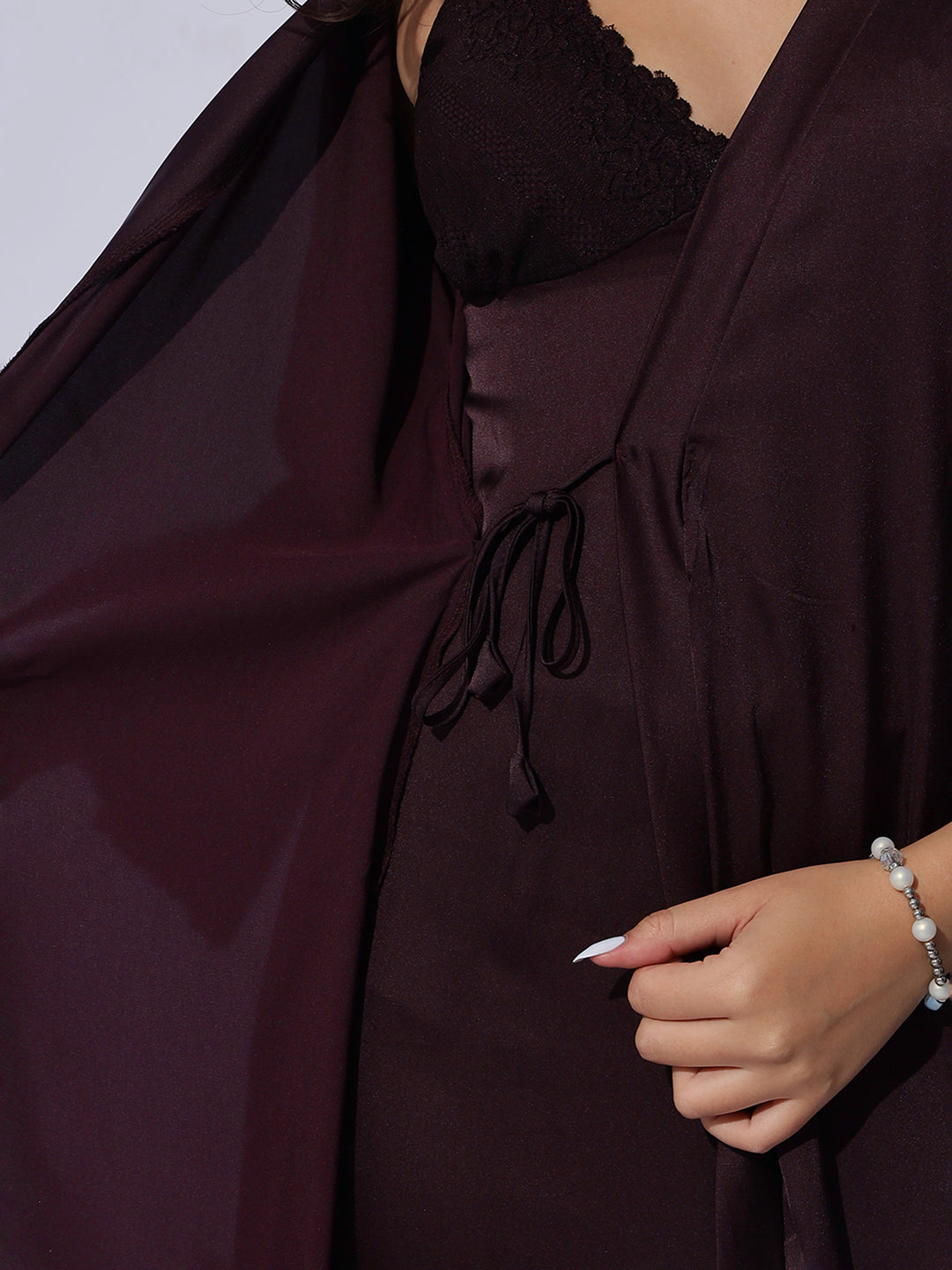Satin long robe and night gown set in rich cocoa wine shade