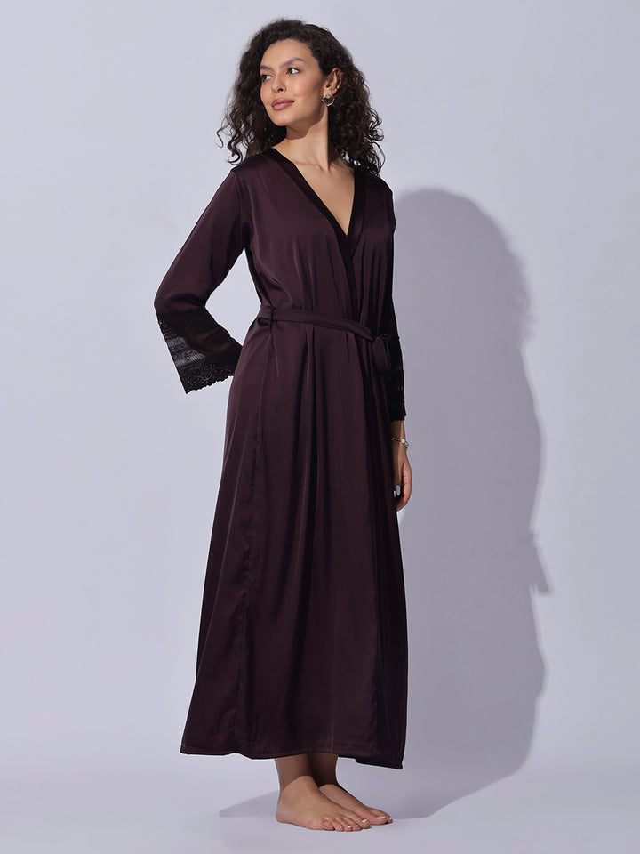 Satin long robe and night gown set in rich cocoa wine shade