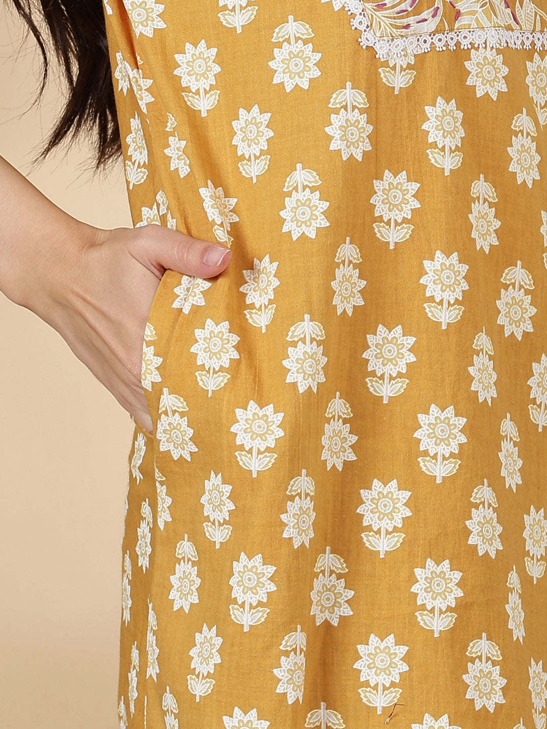 Pure cotton kantha work floral nighty dress for women