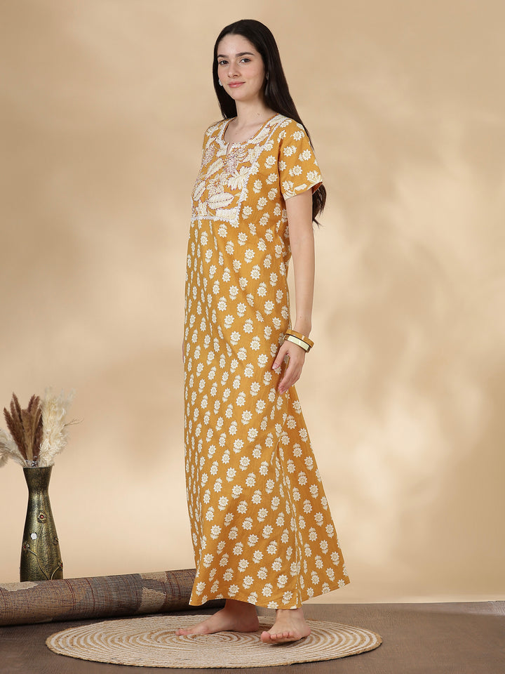 Pure cotton kantha work floral nighty dress for women