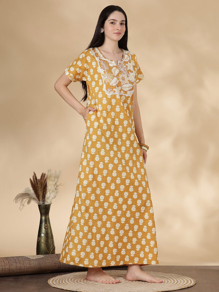 Pure cotton kantha work floral nighty dress for women