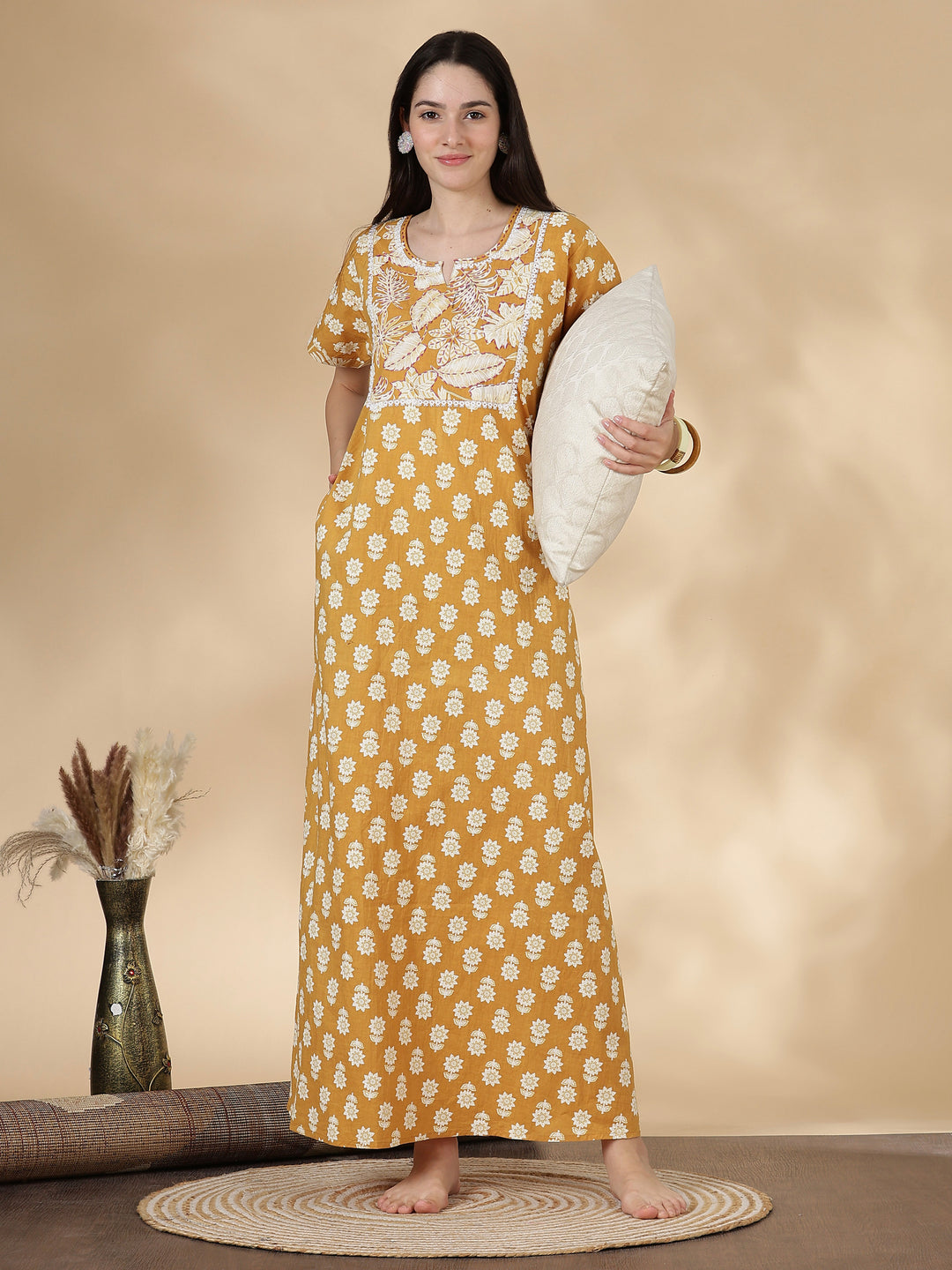 Pure cotton kantha work floral nighty dress for women