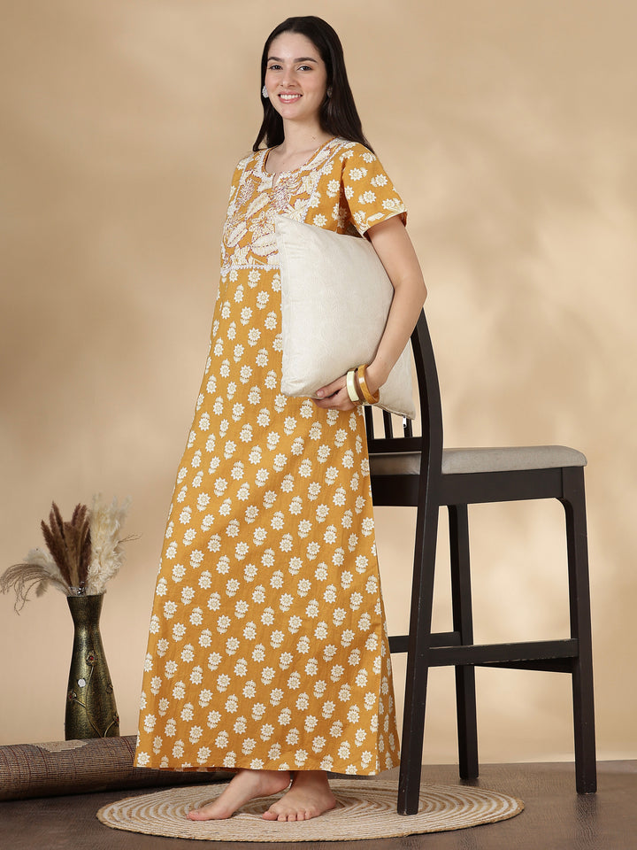Pure cotton kantha work floral nighty dress for women