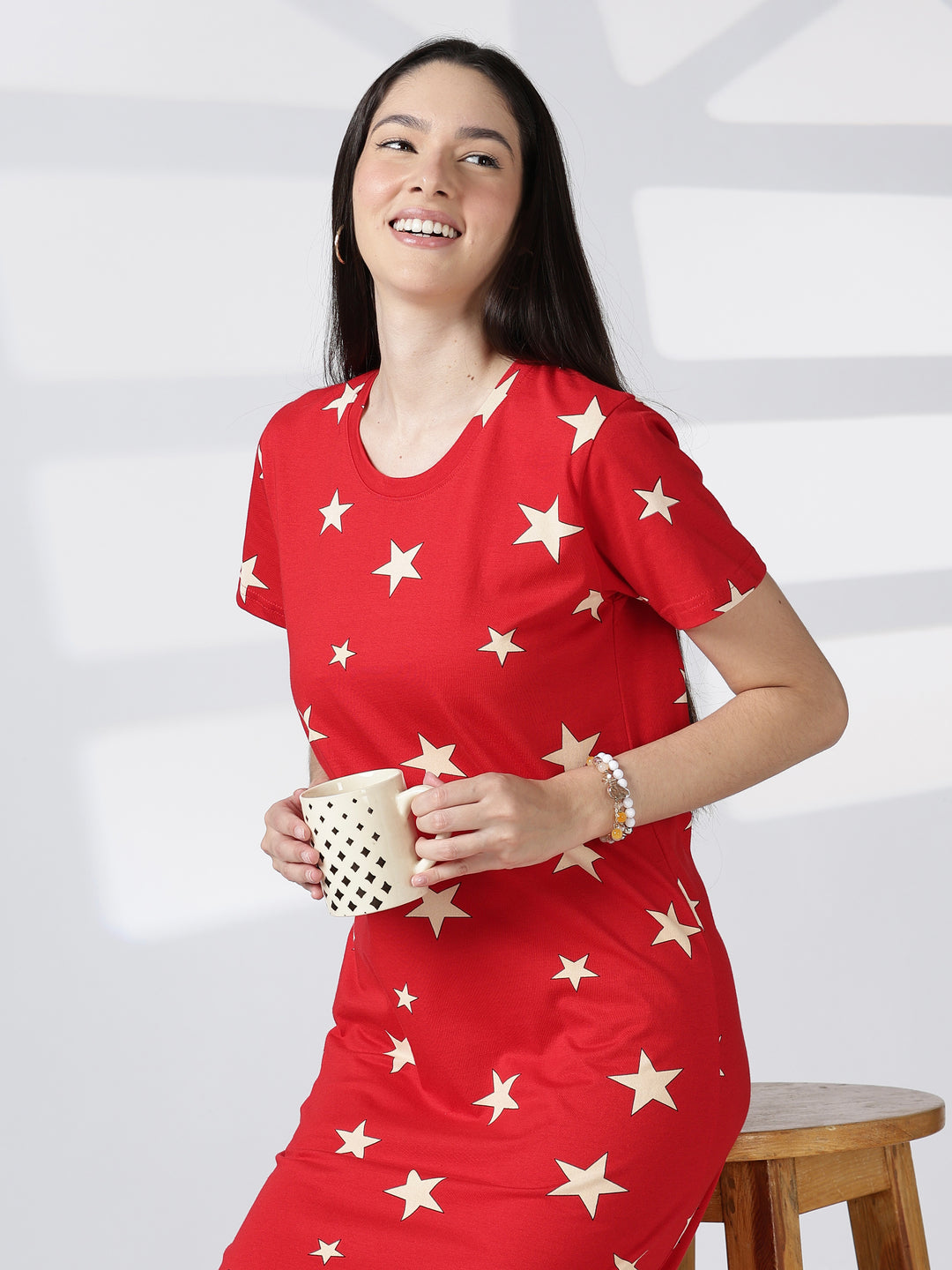 Red star printed short nighty for women in soft summer fabric