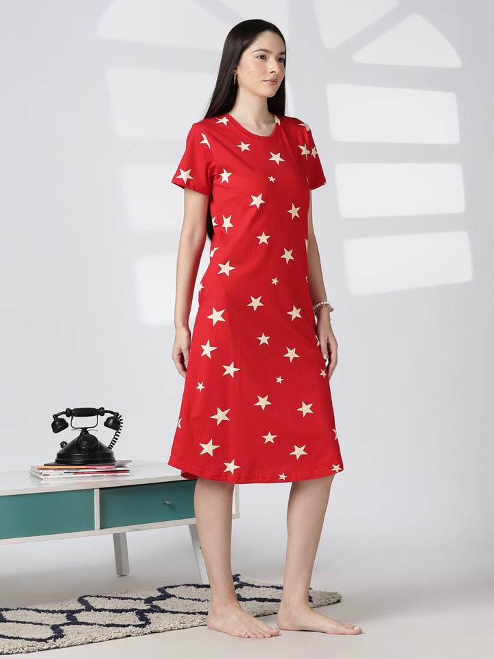 Red star printed short nighty for women in soft summer fabric