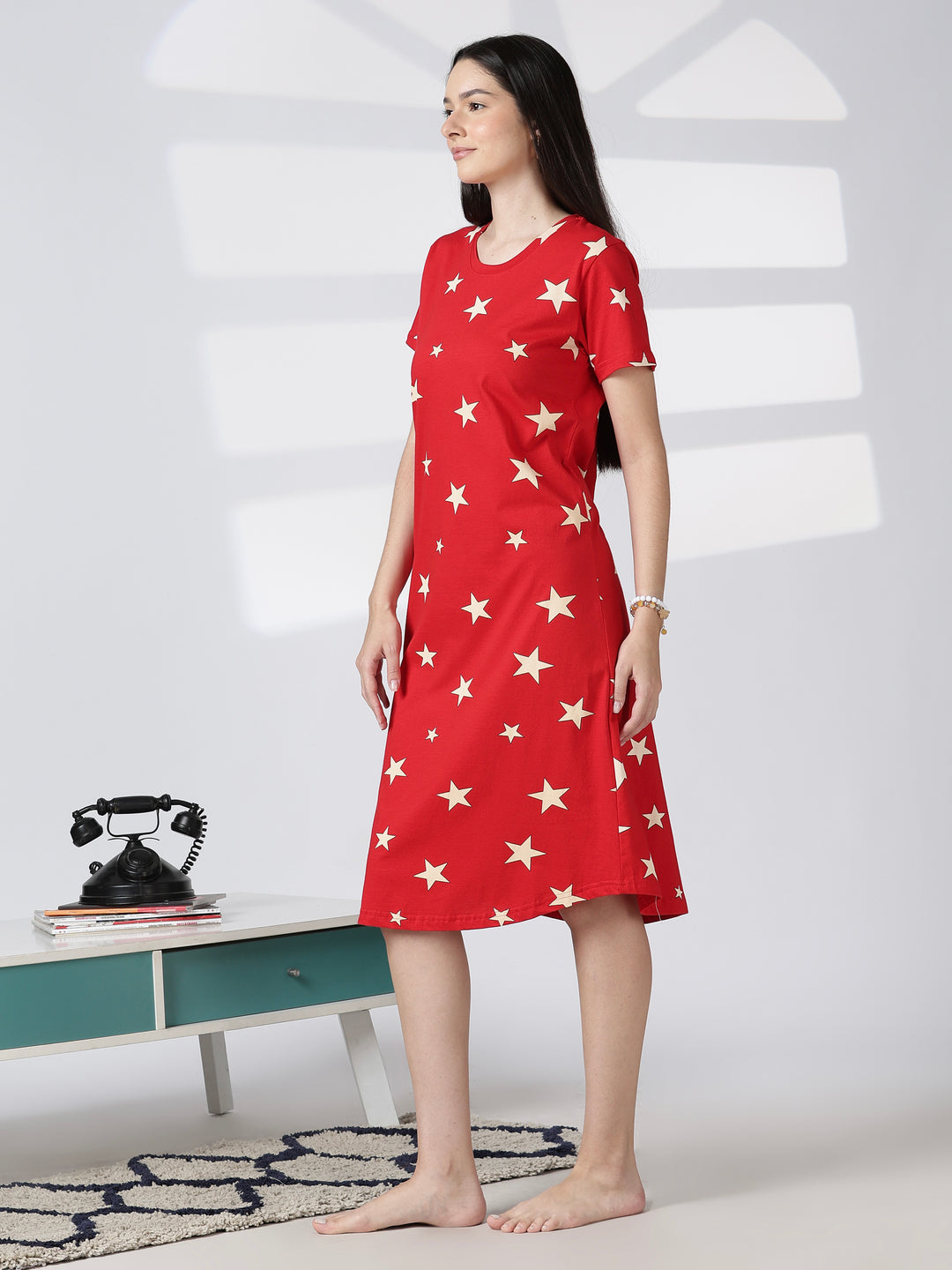 Red star printed short nighty for women in soft summer fabric