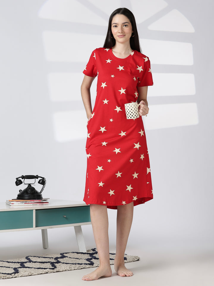 Red star printed short nighty for women in soft summer fabric