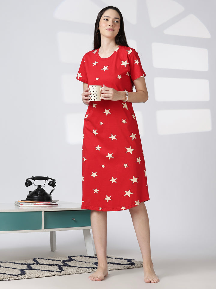 Red star printed short nighty for women in soft summer fabric