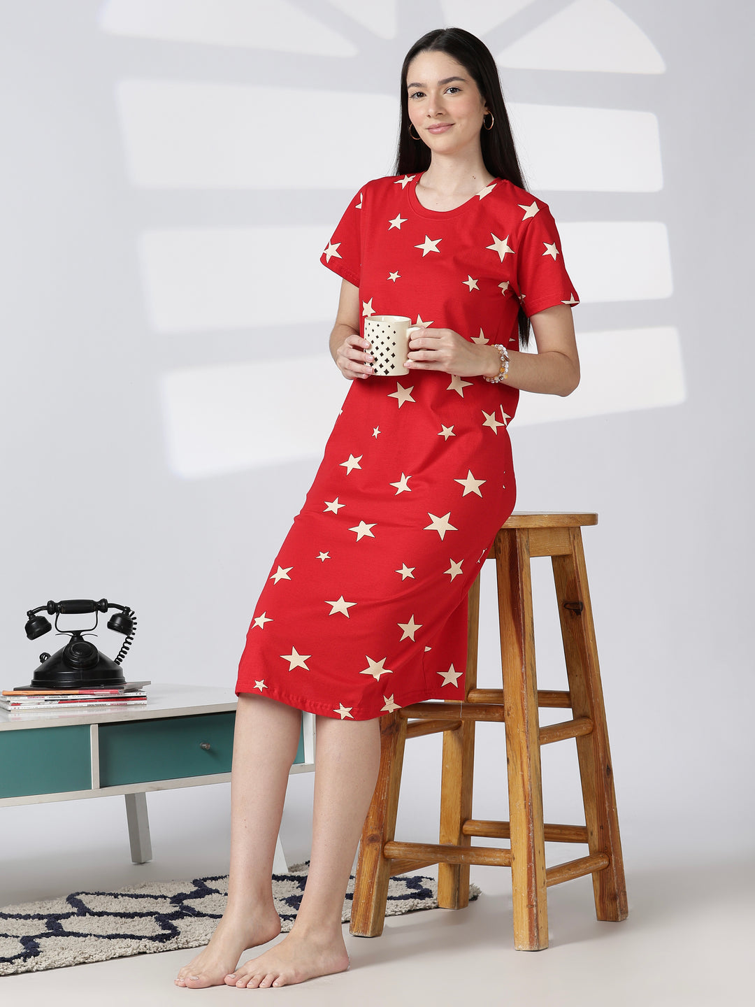 Red star printed short nighty for women in soft summer fabric