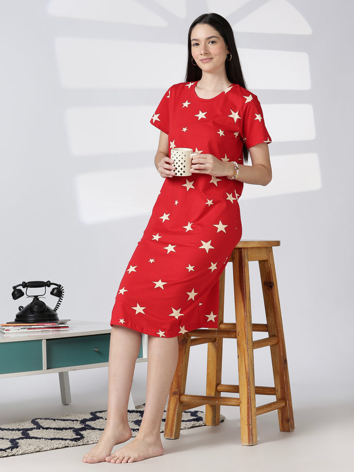 Red star printed short nighty for women in soft summer fabric
