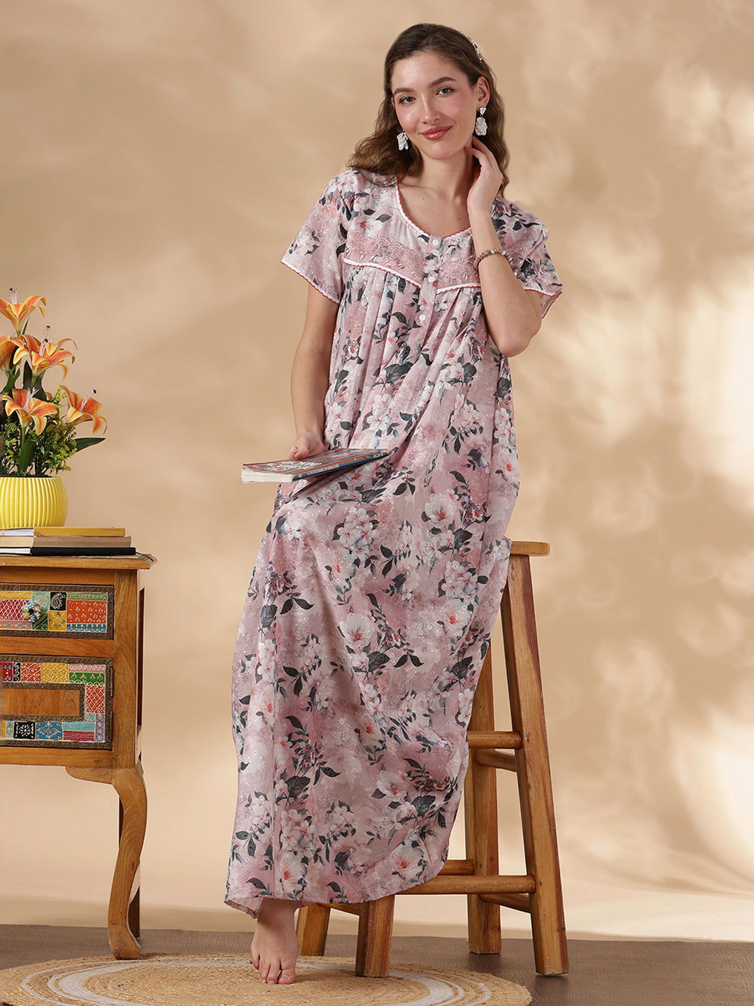 Floral pink premium women's nighty in pure cotton