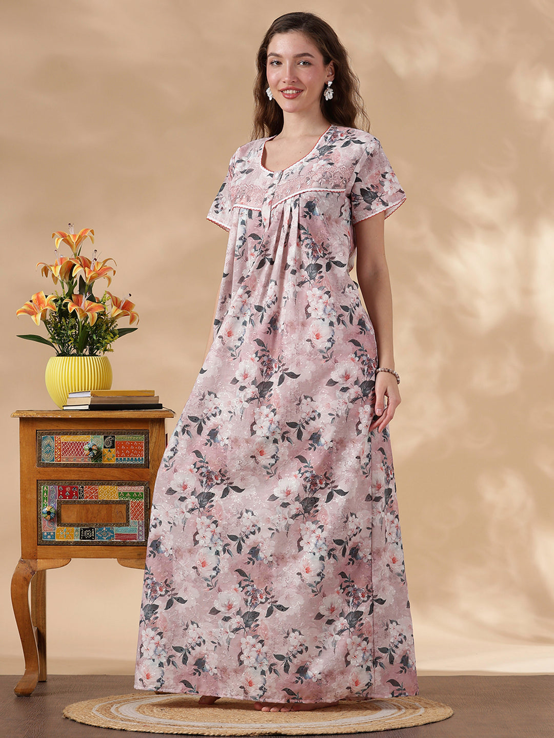 Floral pink premium women's nighty in pure cotton