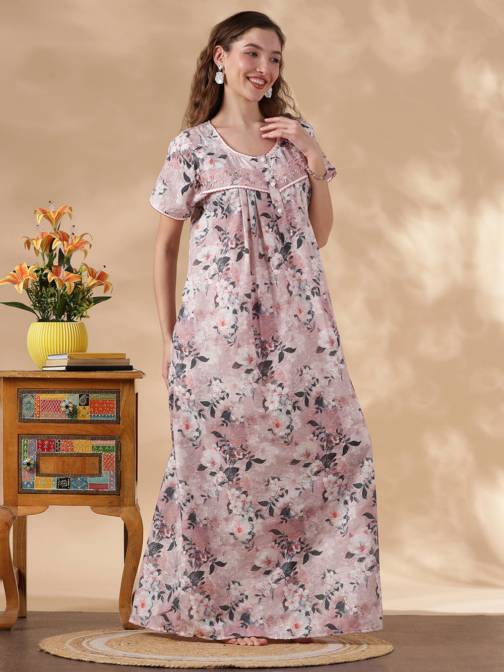 Floral pink premium women's nighty in pure cotton