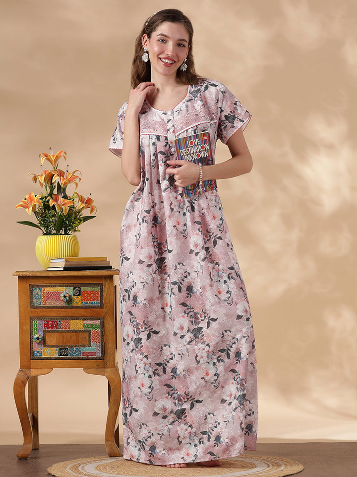 Floral pink premium women's nighty in pure cotton
