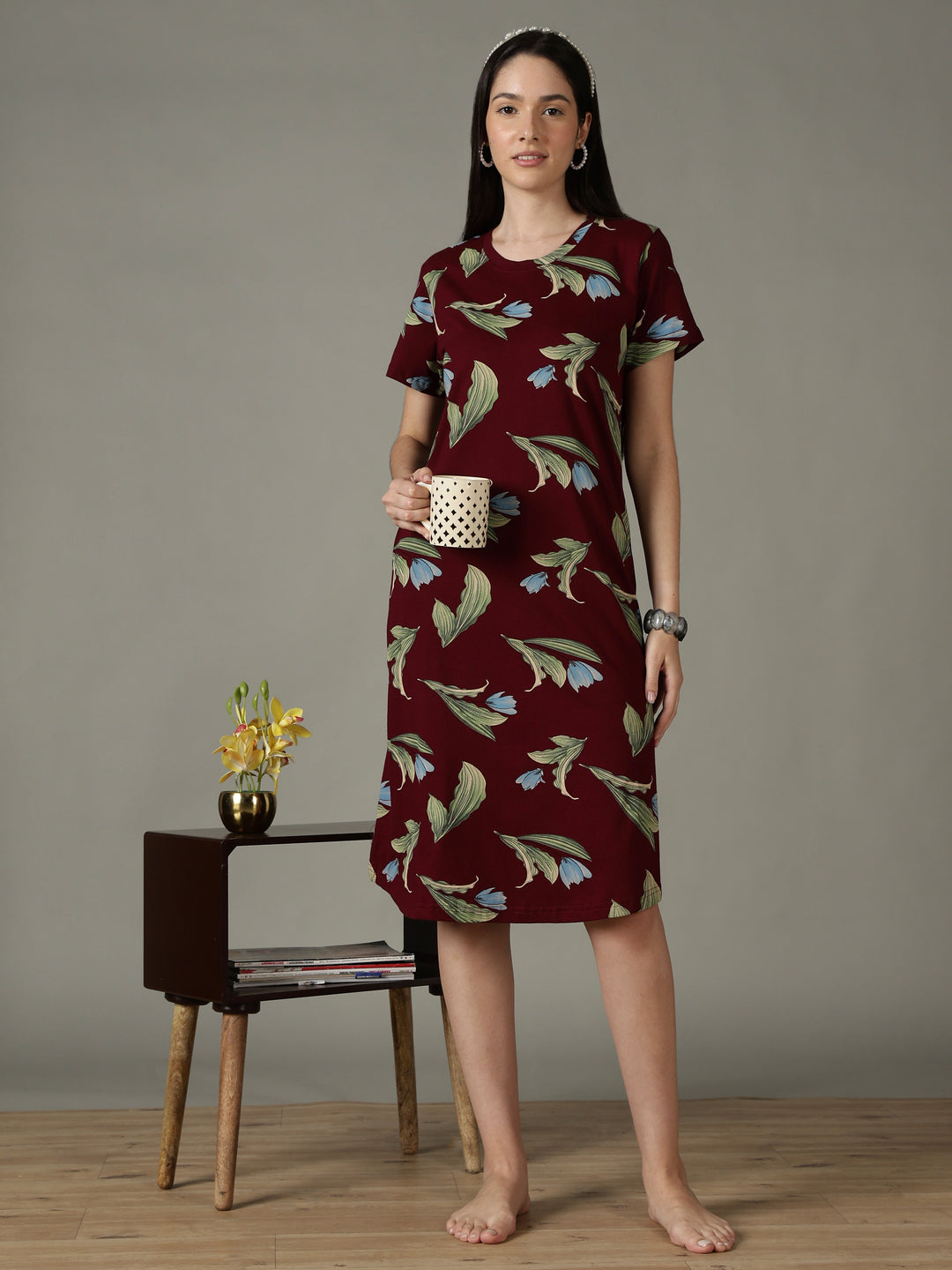 Plus size women’s short nighty in wine floral print with soft fabric