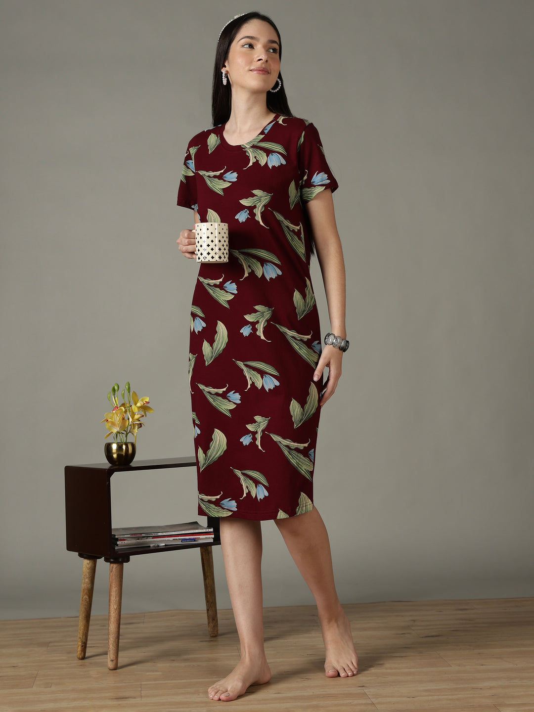 Plus size women’s short nighty in wine floral print with soft fabric