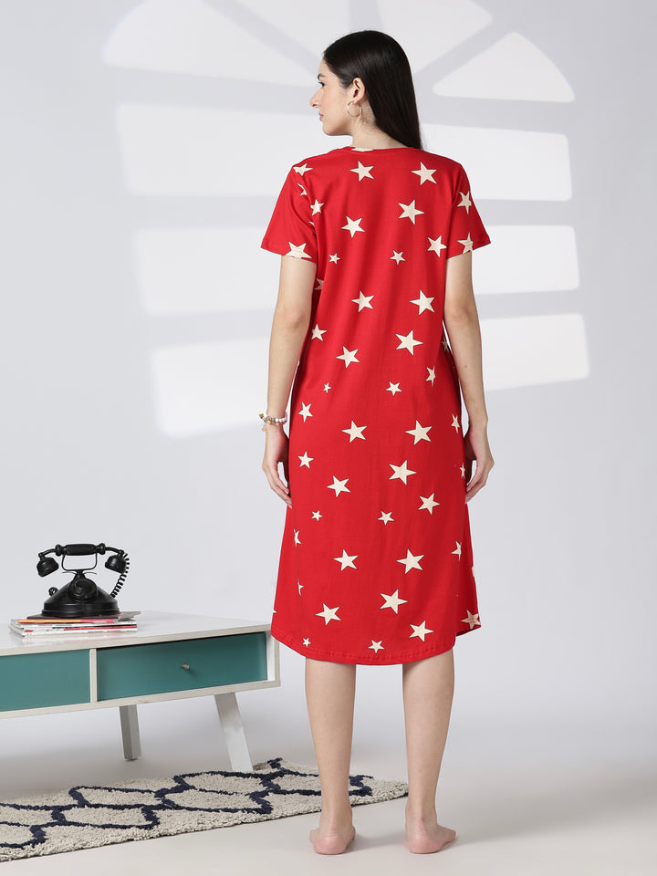 Red star printed short nighty for women in soft summer fabric