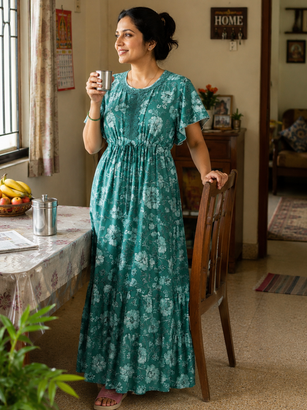 Aqua lake floral soft alpine frock type nighty for women