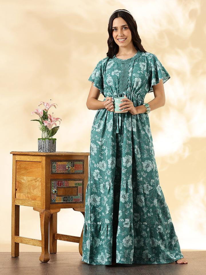 Aqua lake floral soft alpine frock type nighty for women