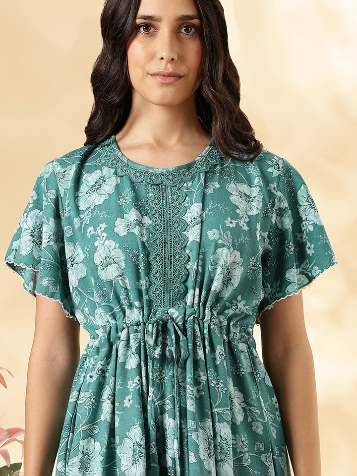 Aqua lake floral soft alpine frock type nighty for women