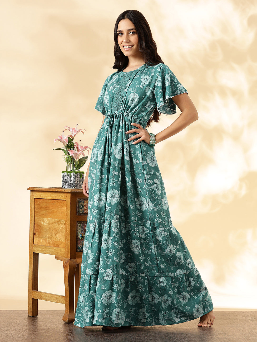 Aqua lake floral soft alpine frock type nighty for women