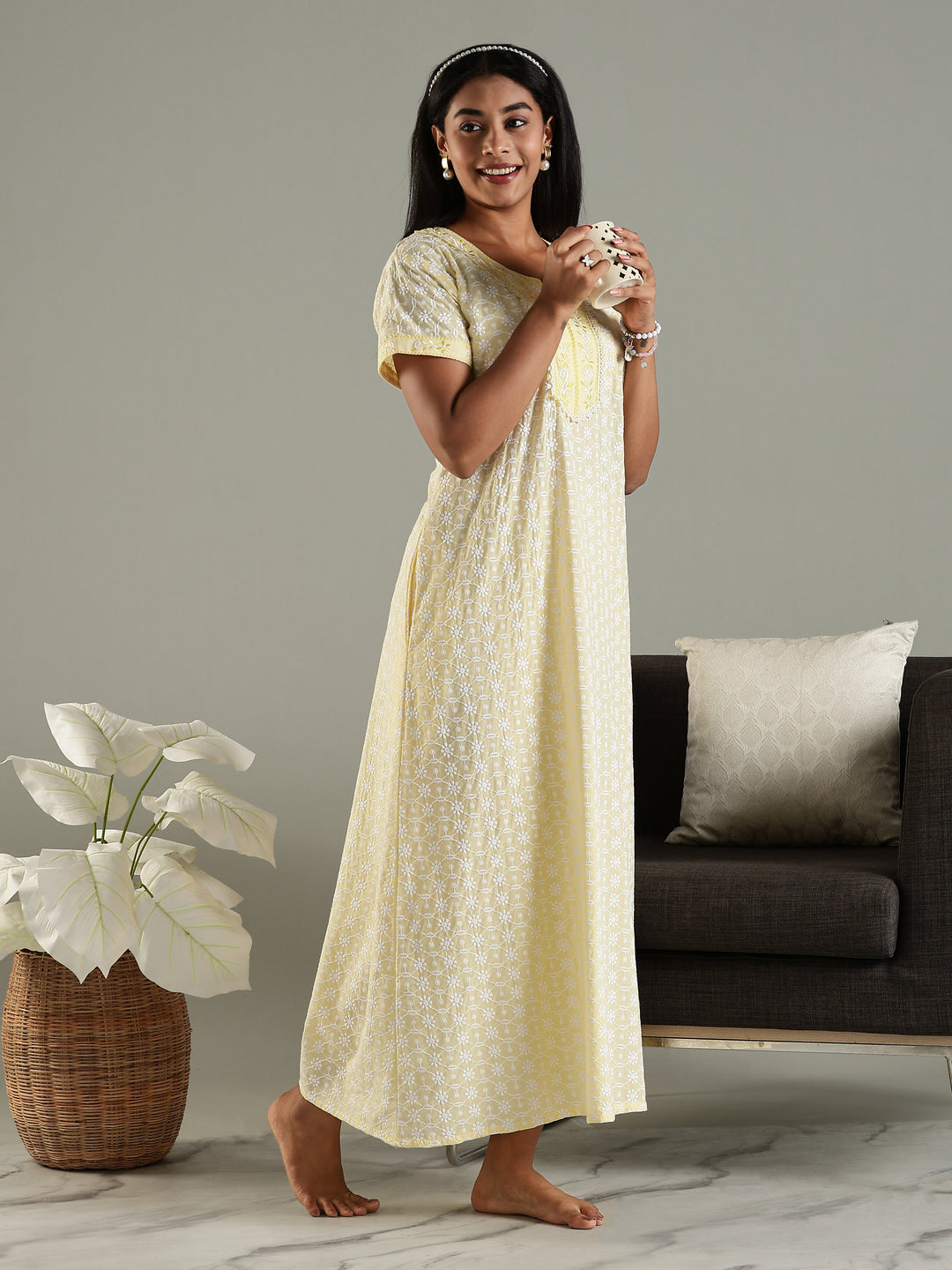 Yellow cotton chikankari best daily wear nighty for women