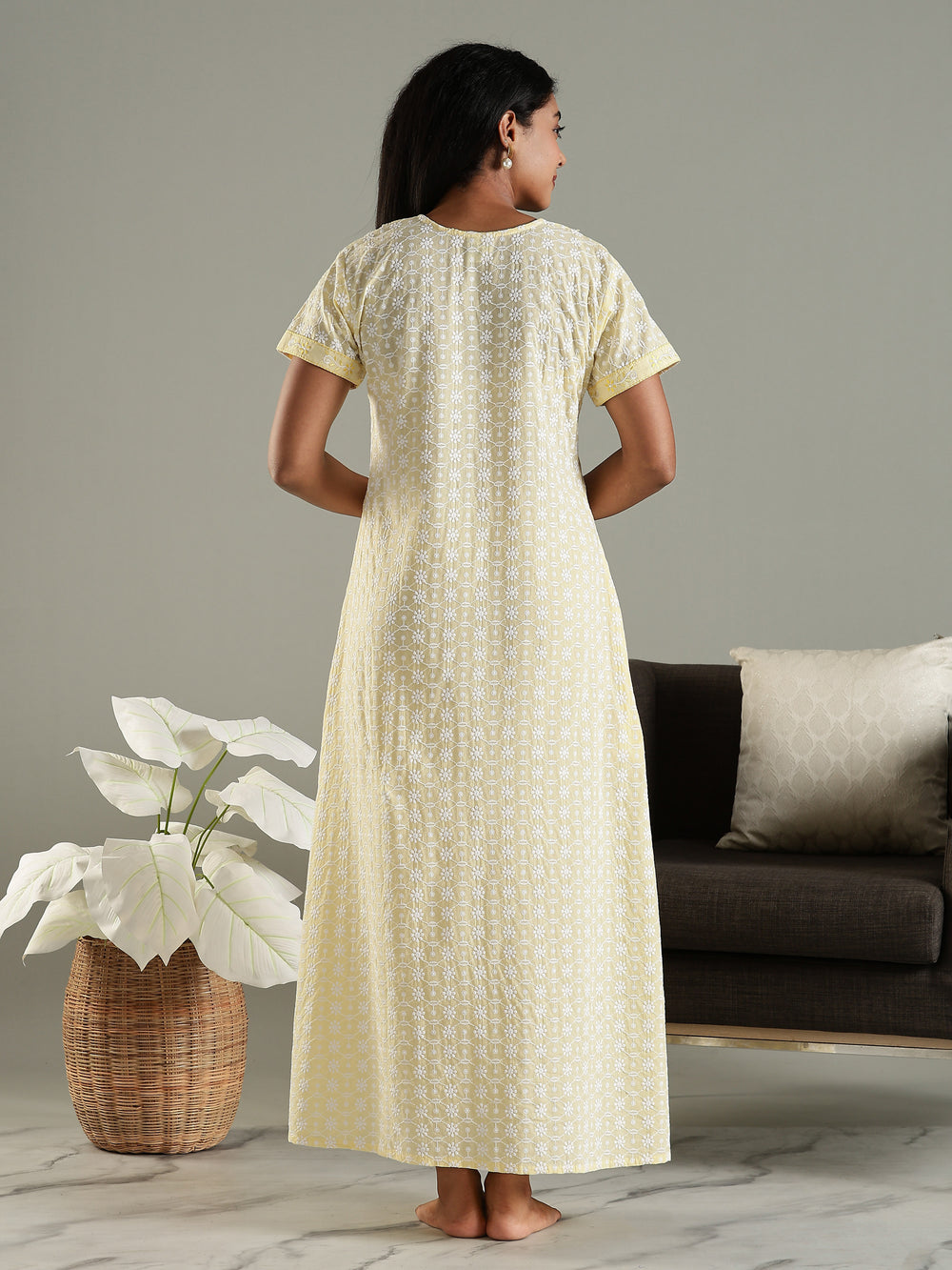 Yellow cotton chikankari best daily wear nighty for women