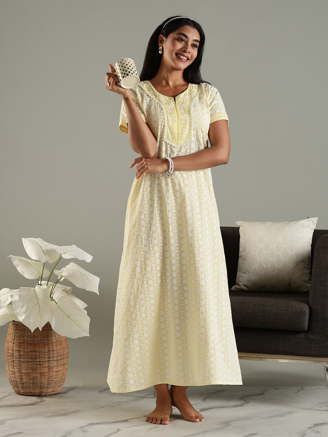 Yellow cotton chikankari best daily wear nighty for women