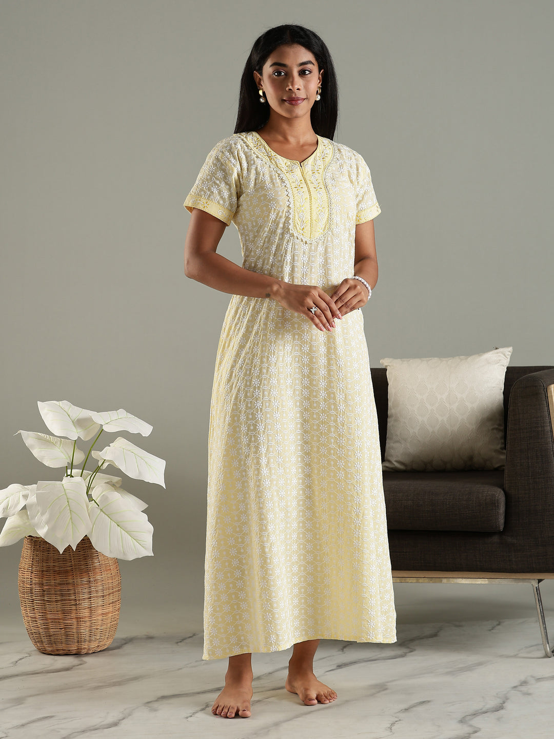 Yellow cotton chikankari best daily wear nighty for women