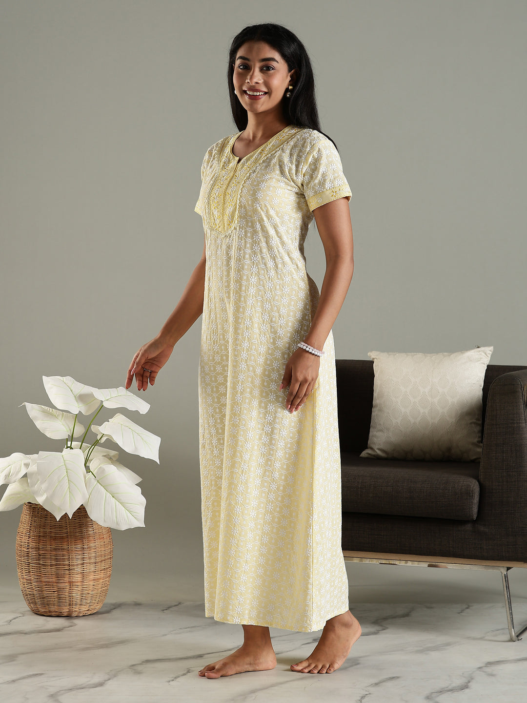 Yellow cotton chikankari best daily wear nighty for women