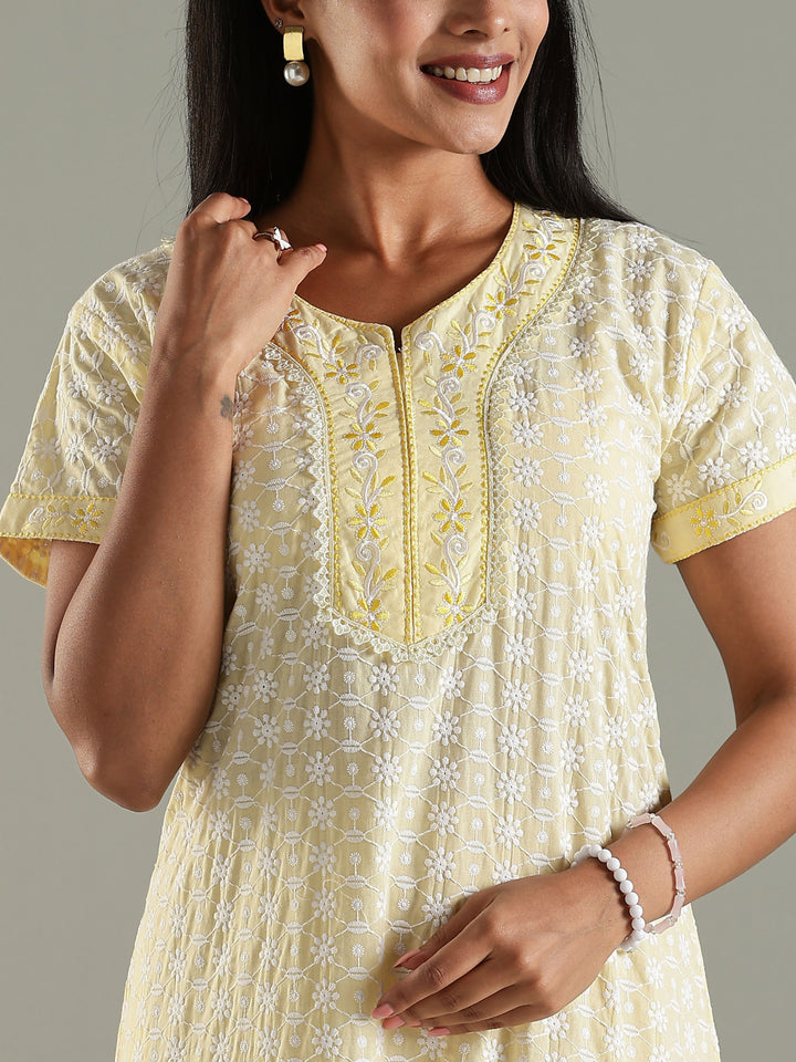 Yellow cotton chikankari best daily wear nighty for women