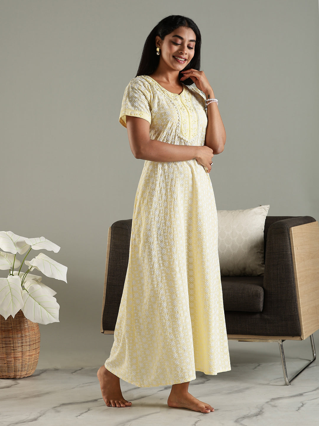 Yellow cotton chikankari best daily wear nighty for women