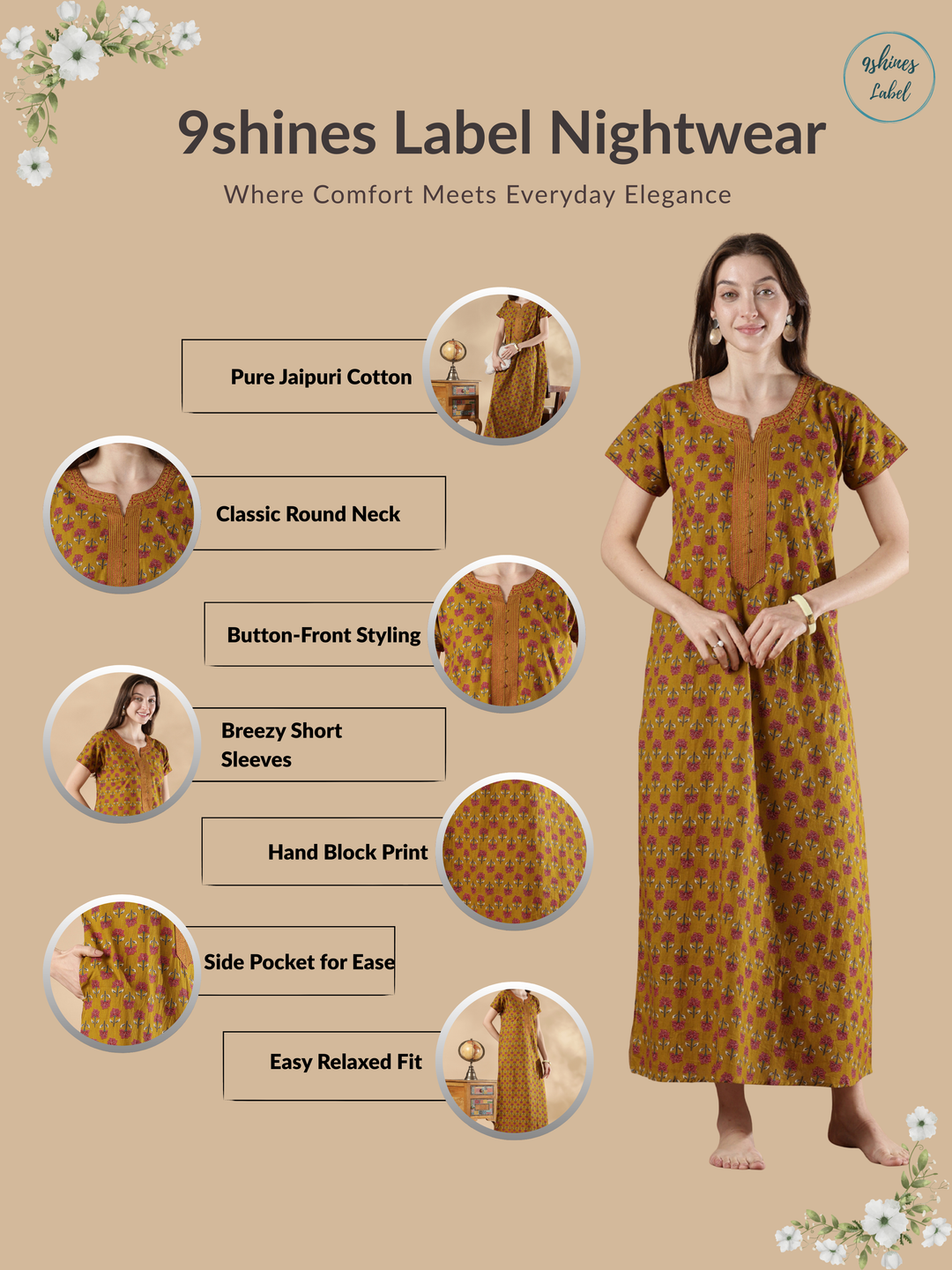 Haldi yellow A-line premium cotton nighty dress for women